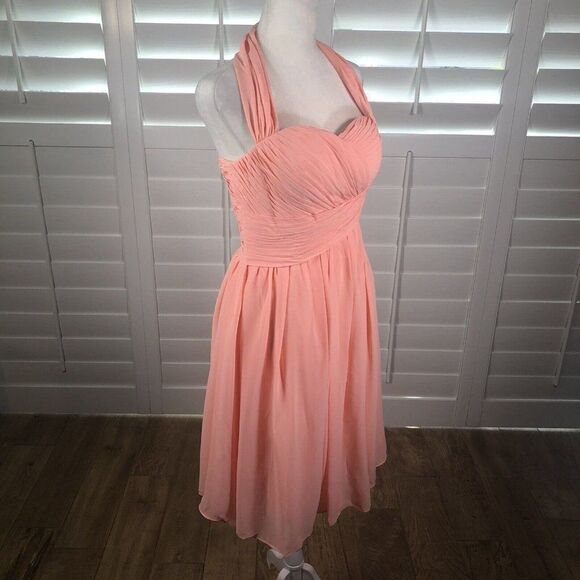 Peach Chiffon Cocktail Dress 6 Bridesmaid Homecoming Pleated Bodice Halter - Picture 5 of 11
